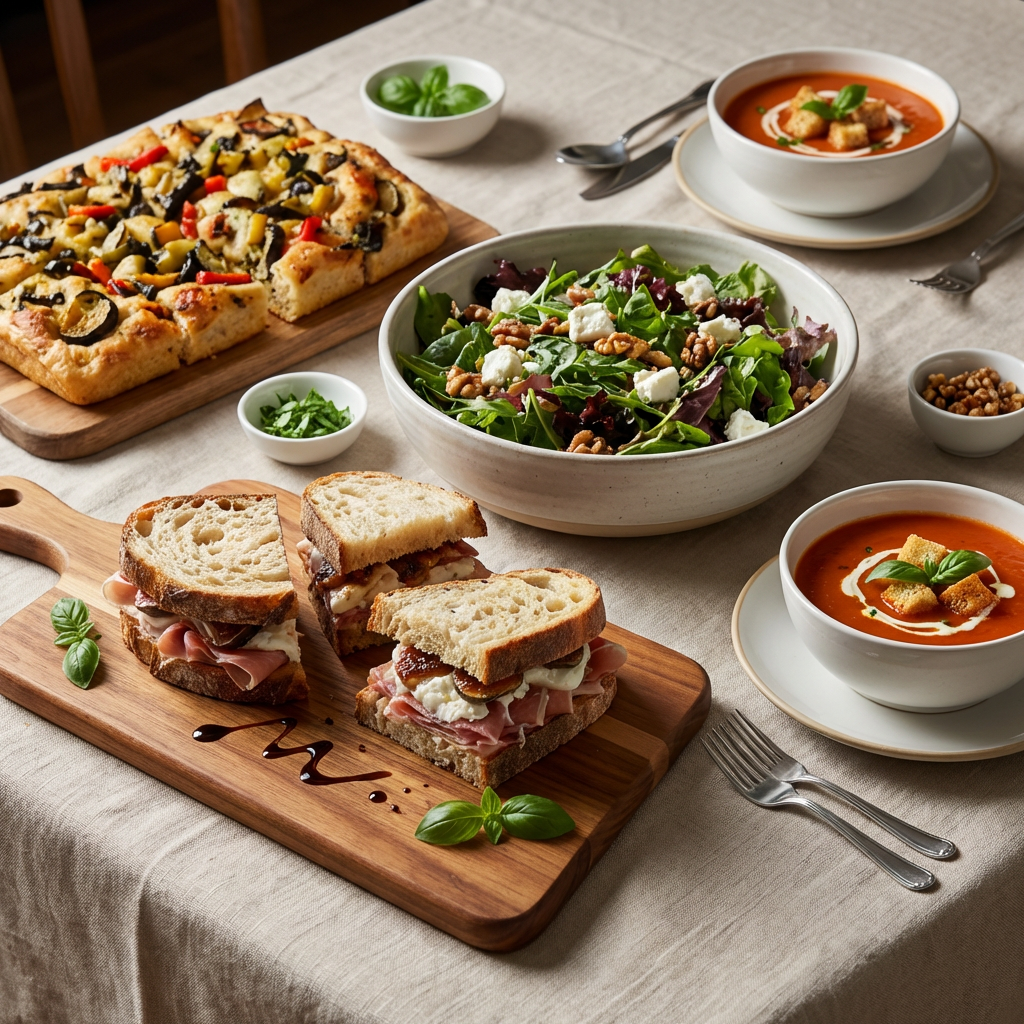 Table spread with tomato soup, prosciutto sandwiches, vegetable focaccia, and a fresh green salad.